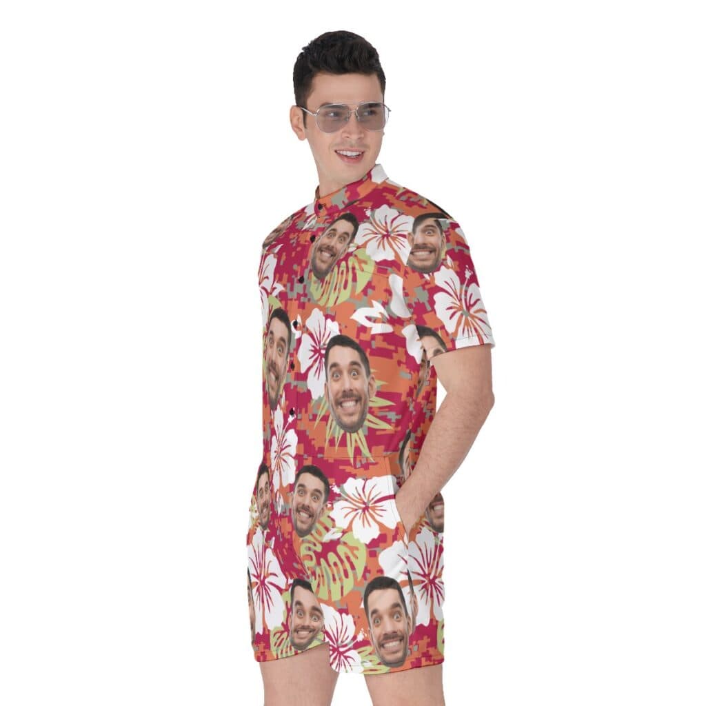 Floral Camo Custom Face Hawaiian Romper For Men