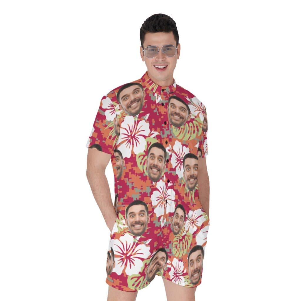 Floral Camo Custom Face Hawaiian Romper For Men