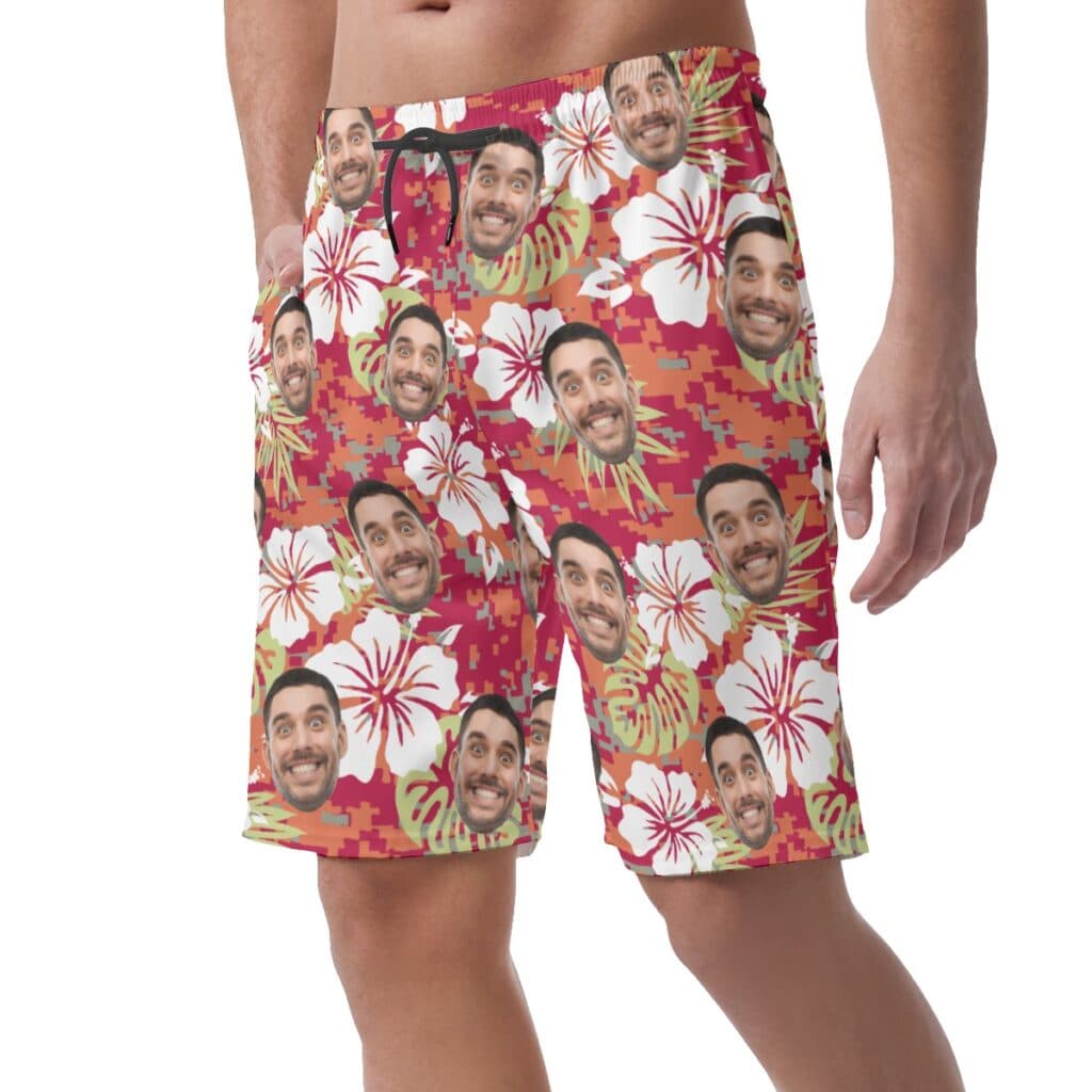 Floral Camouflage Custom Face Hawaiian Beach Shorts For Men