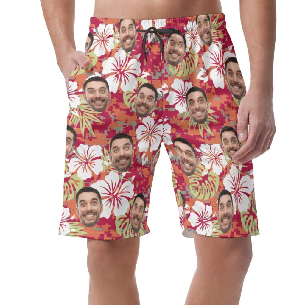 Floral Camouflage Custom Face Hawaiian Beach Shorts For Men