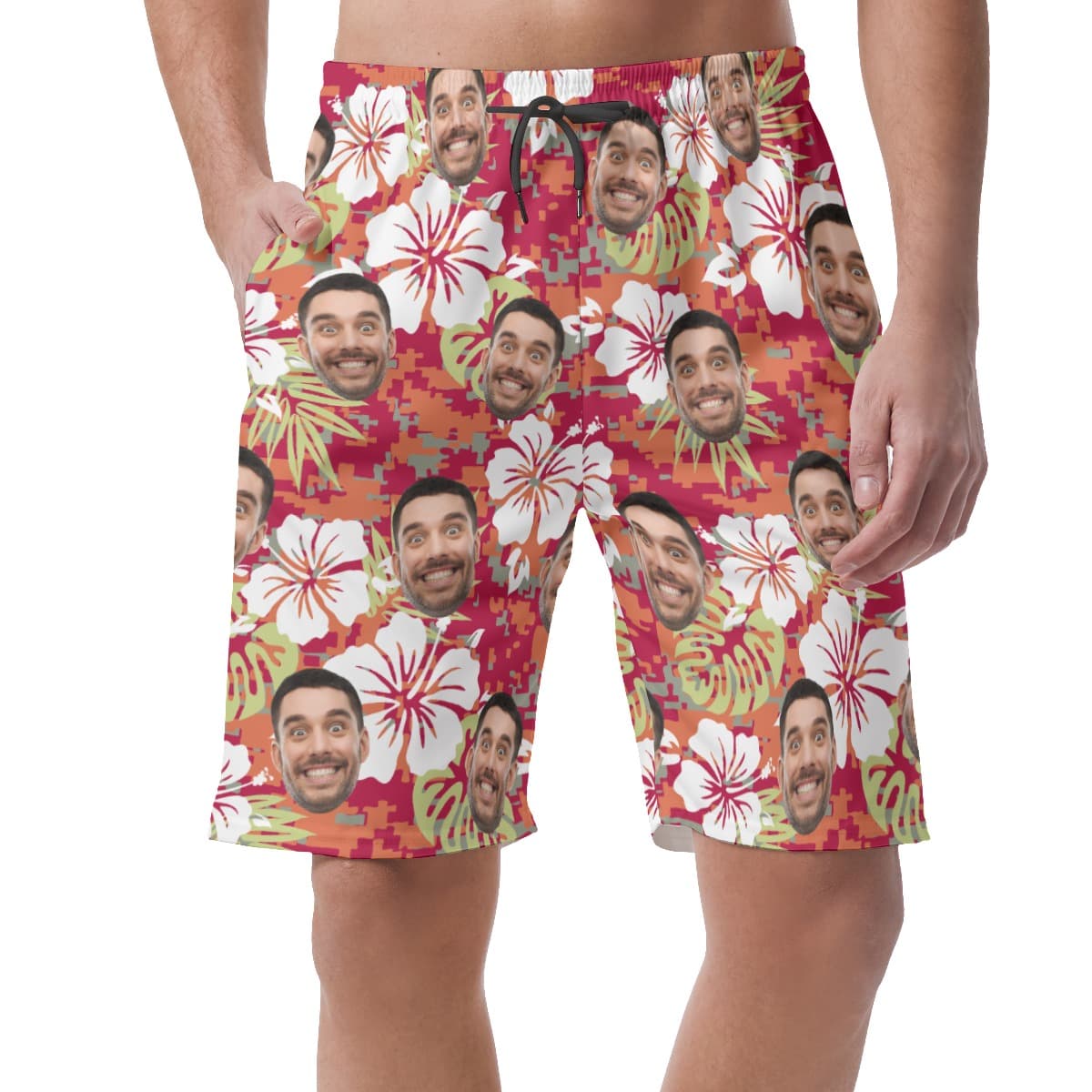 Floral Camouflage Custom Face Hawaiian Beach Shorts For Men
