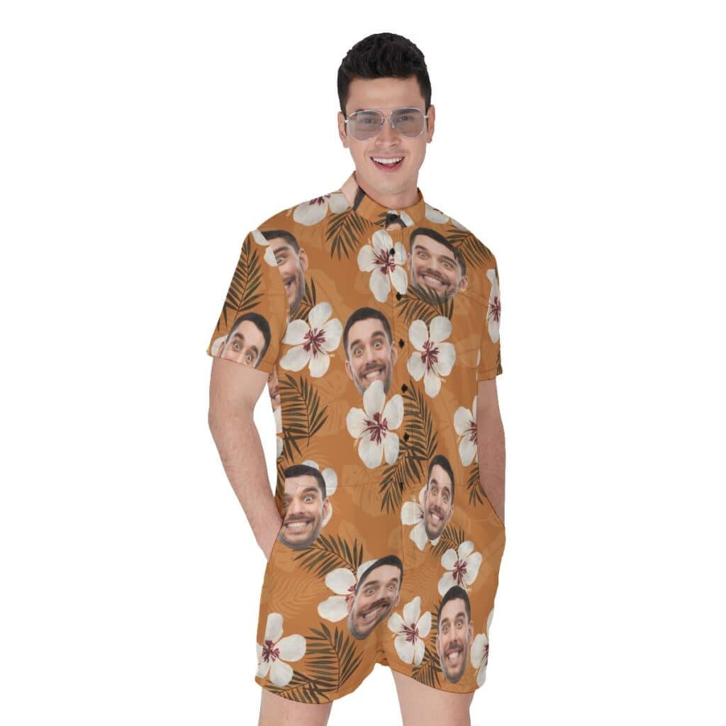 Floral Custom Face Orange Men's Hawaiian Romper