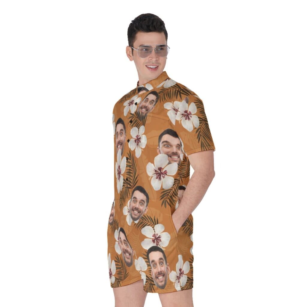 Floral Custom Face Orange Men's Hawaiian Romper
