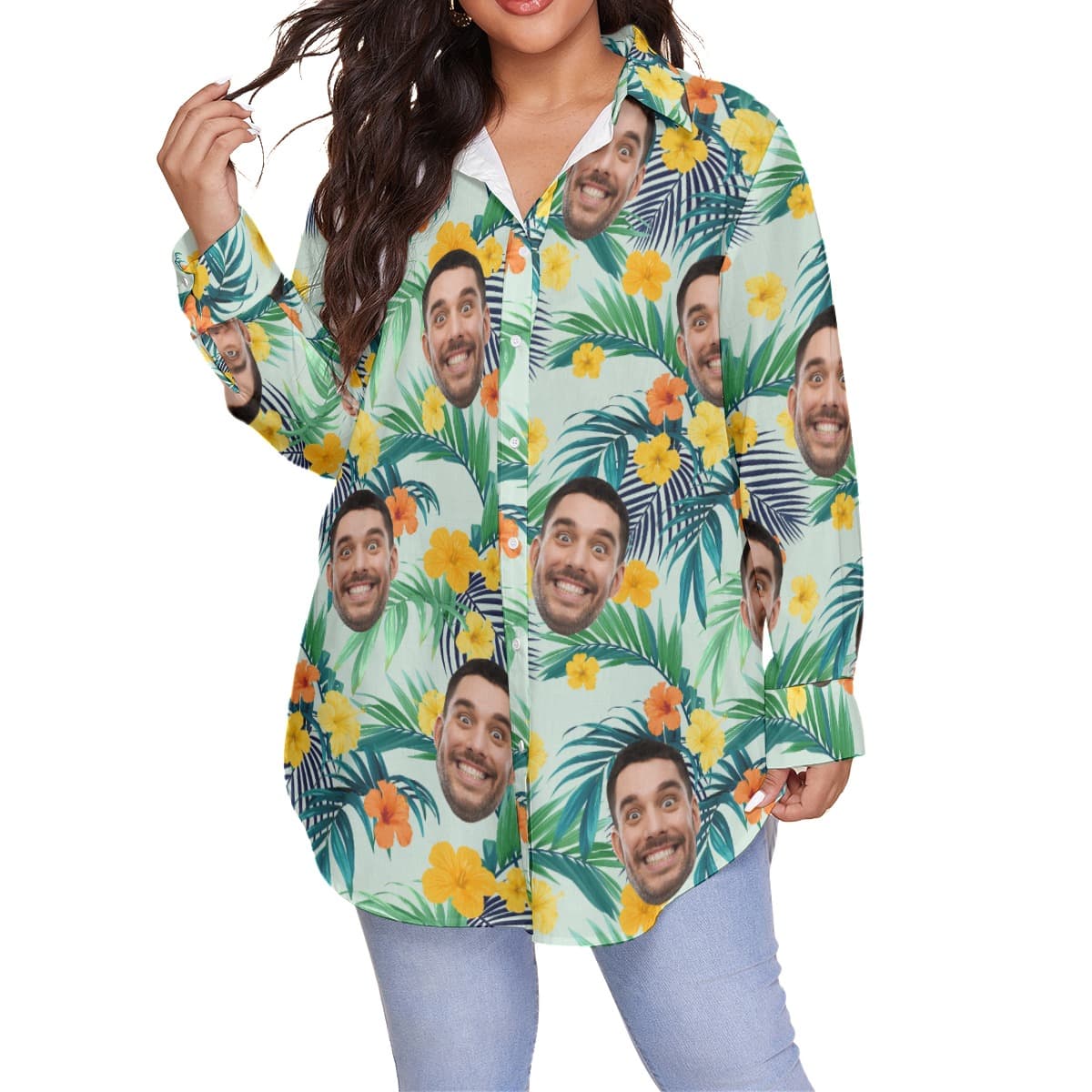 Floral Custom Face Oversize Women’s Hawaiian Shirt (1)