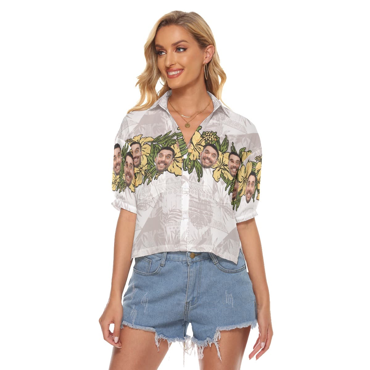 Floral Custom Face Vintage Aloha Crop Top Shirt For Women (4)