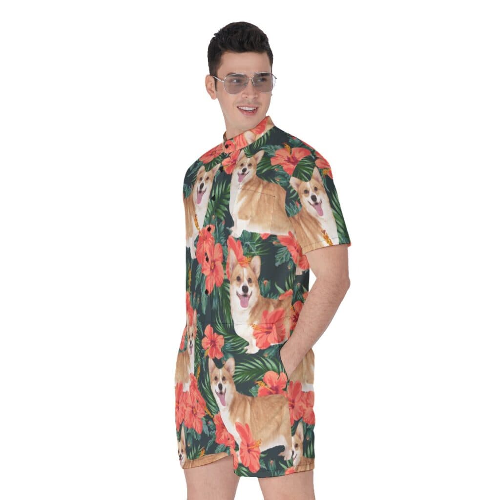 Floral Men's Hawaiian Romper With Custom Dog Face