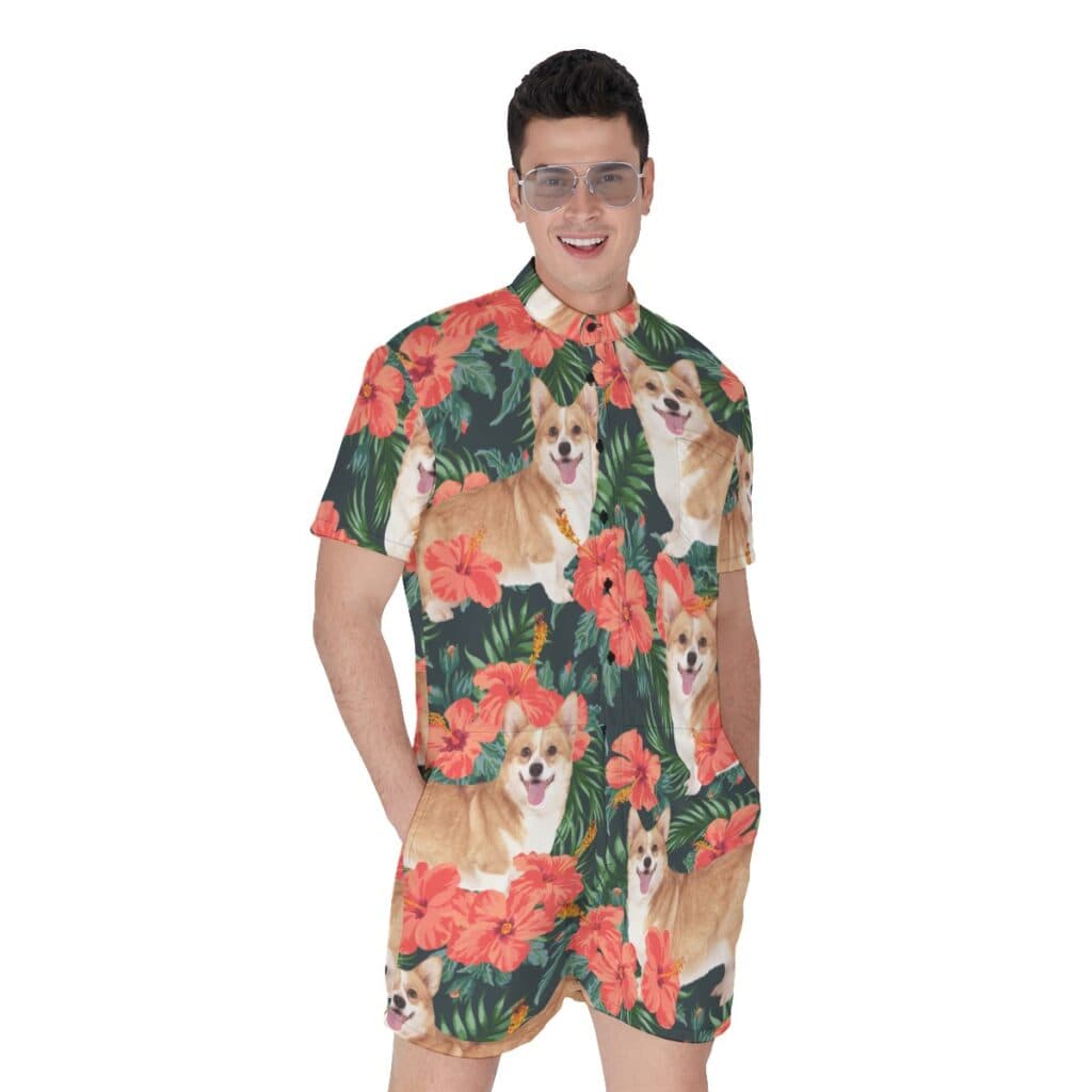 Floral Men's Hawaiian Romper With Custom Dog Face