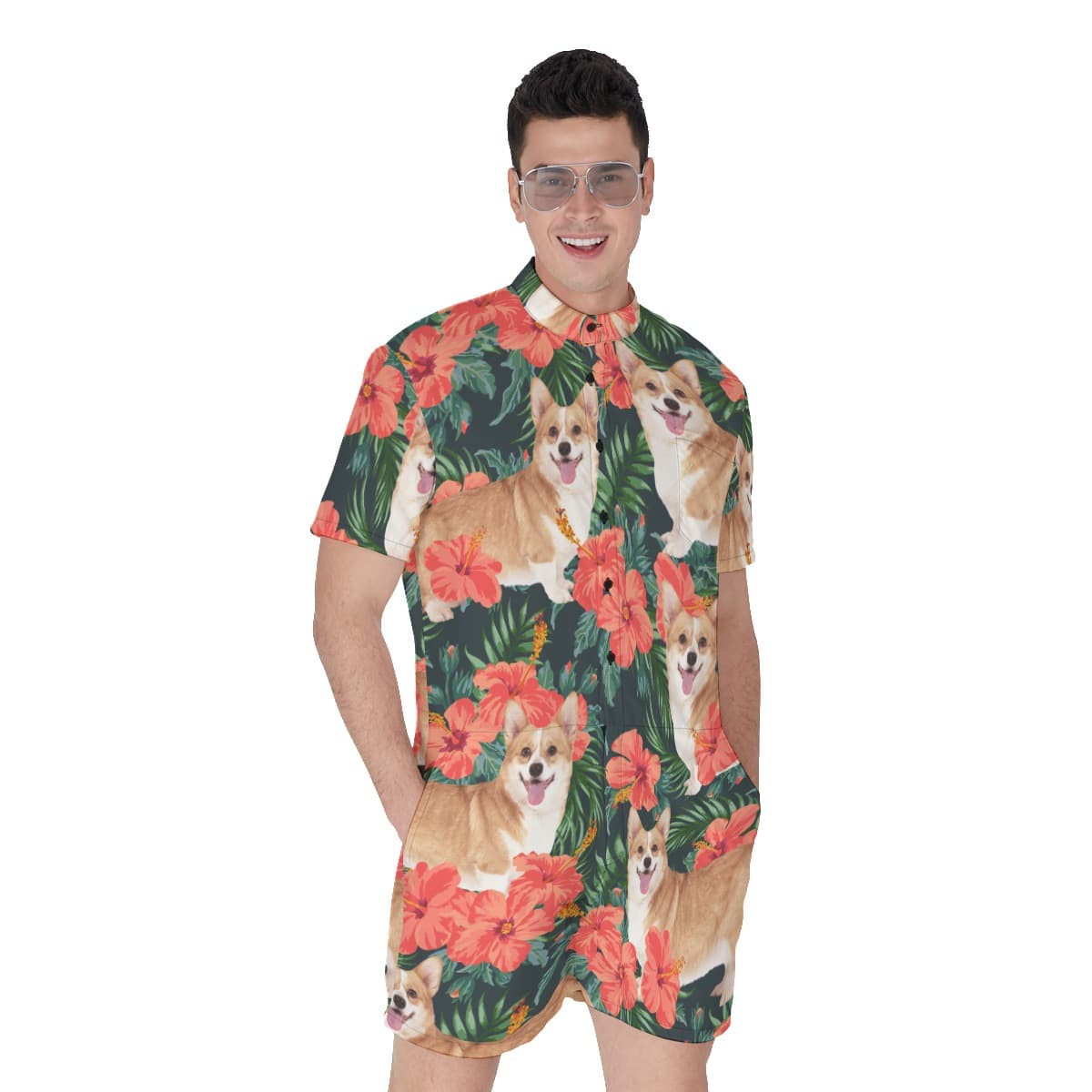 Floral Men's Hawaiian Romper With Custom Dog Face