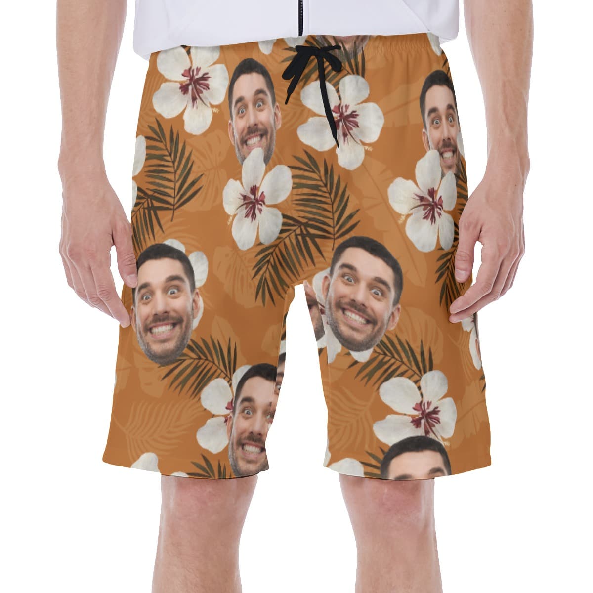 Floral Orange Hawaiian Swim Trunks With Custom Face