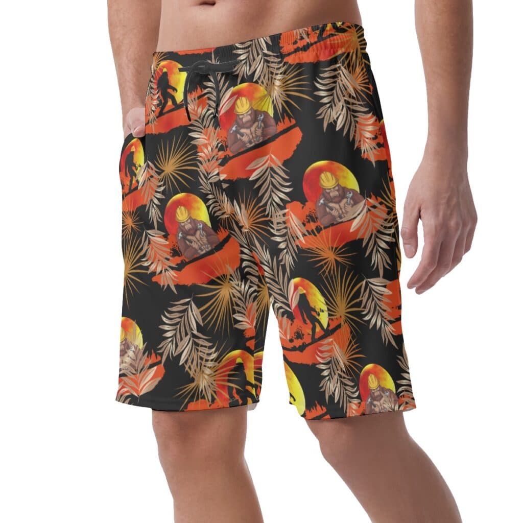 Funny Bigfoot Iron Worker Orange Hawaiian Beach Shorts For Men