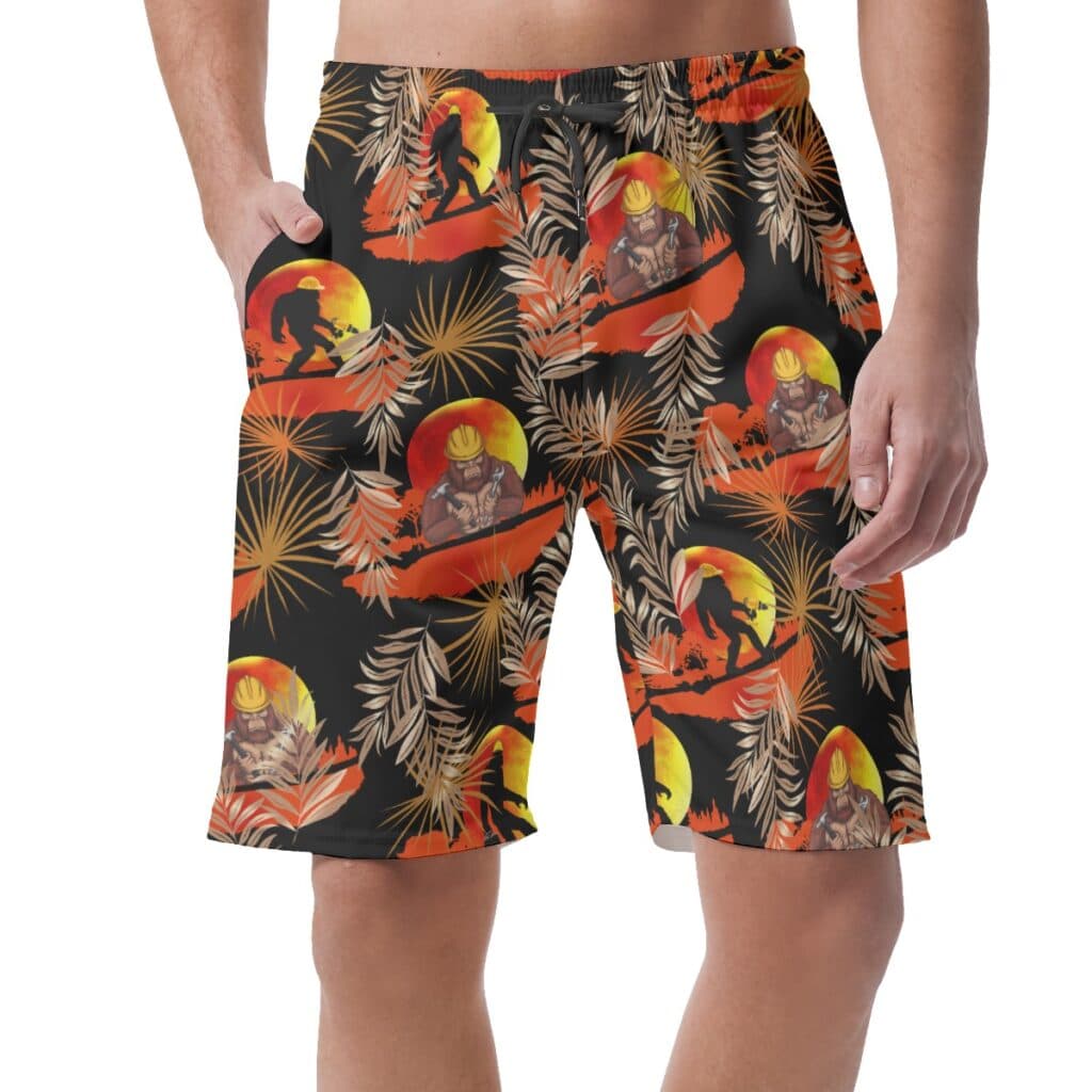Funny Bigfoot Iron Worker Orange Hawaiian Beach Shorts For Men