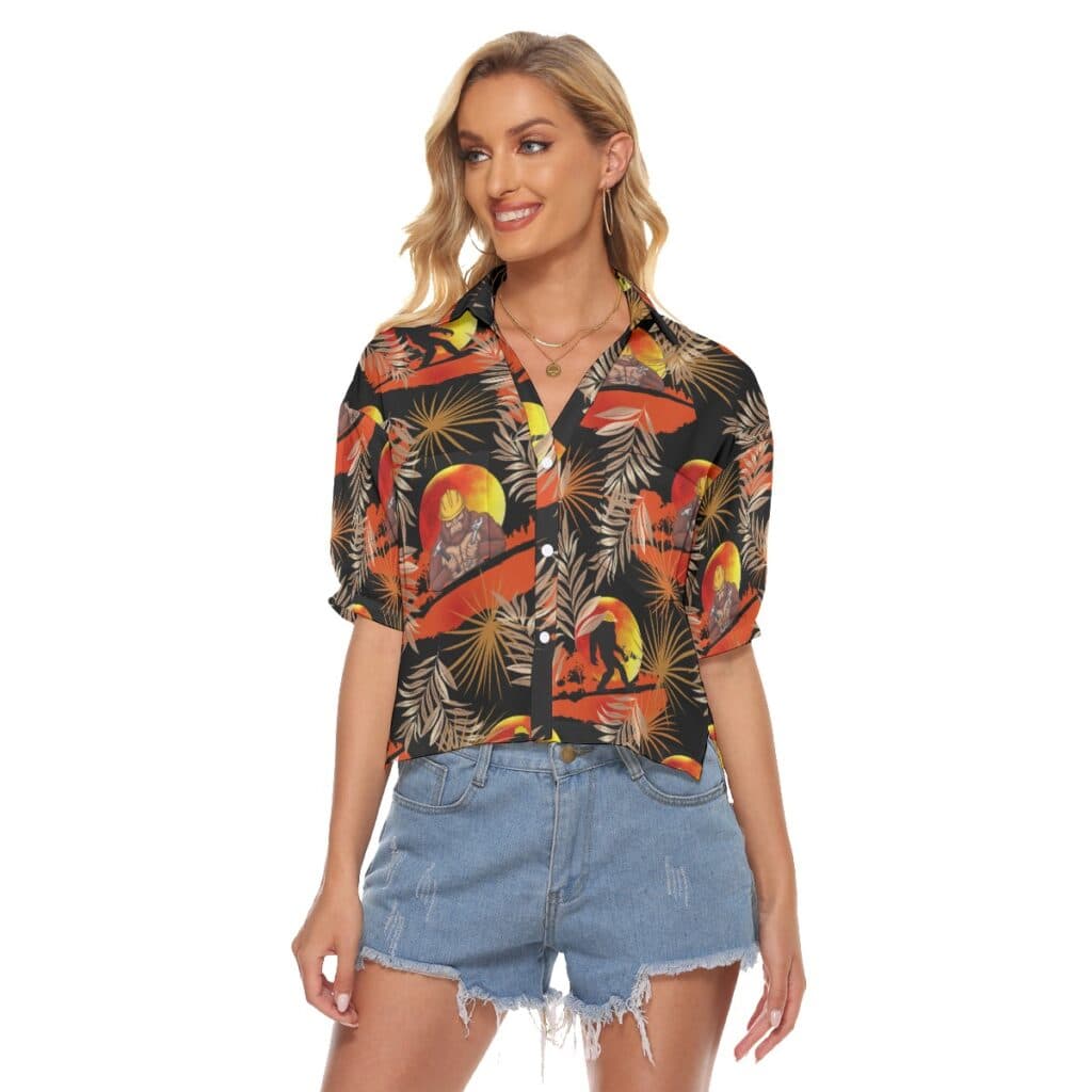 Funny Bigfoot Iron Worker Orange Hawaiian Crop Top Shirt For Women