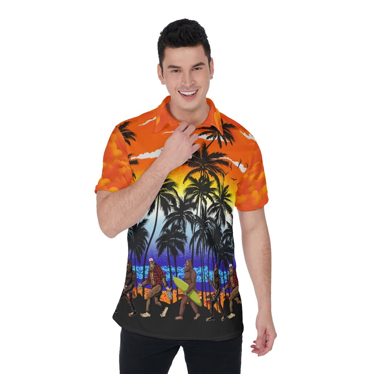 Funny Bigfoot On Beach Hawaiian Polo Shirt For Men