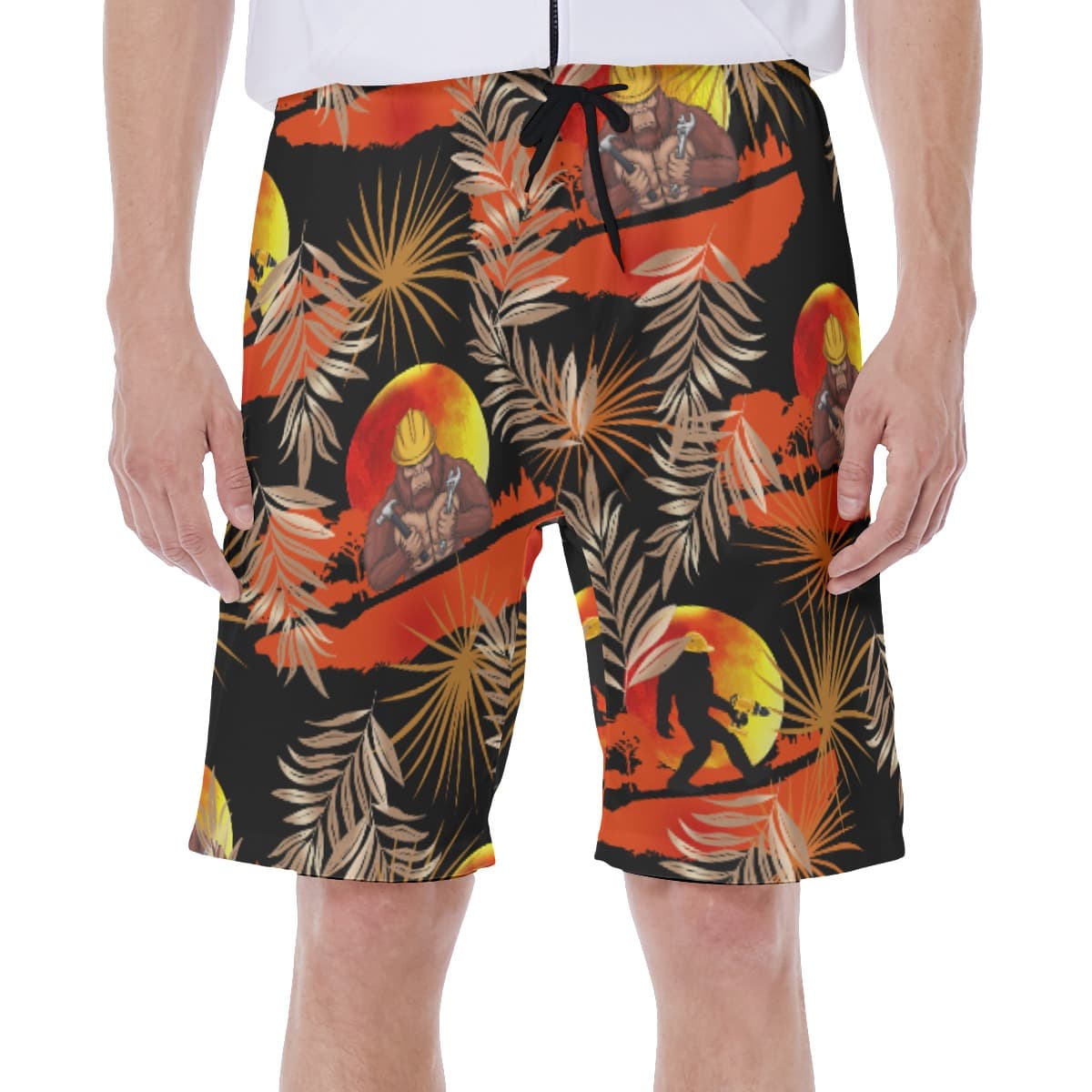 Funny Bigfoot Worker Tropical Hawaiian Swim Trunks For Men