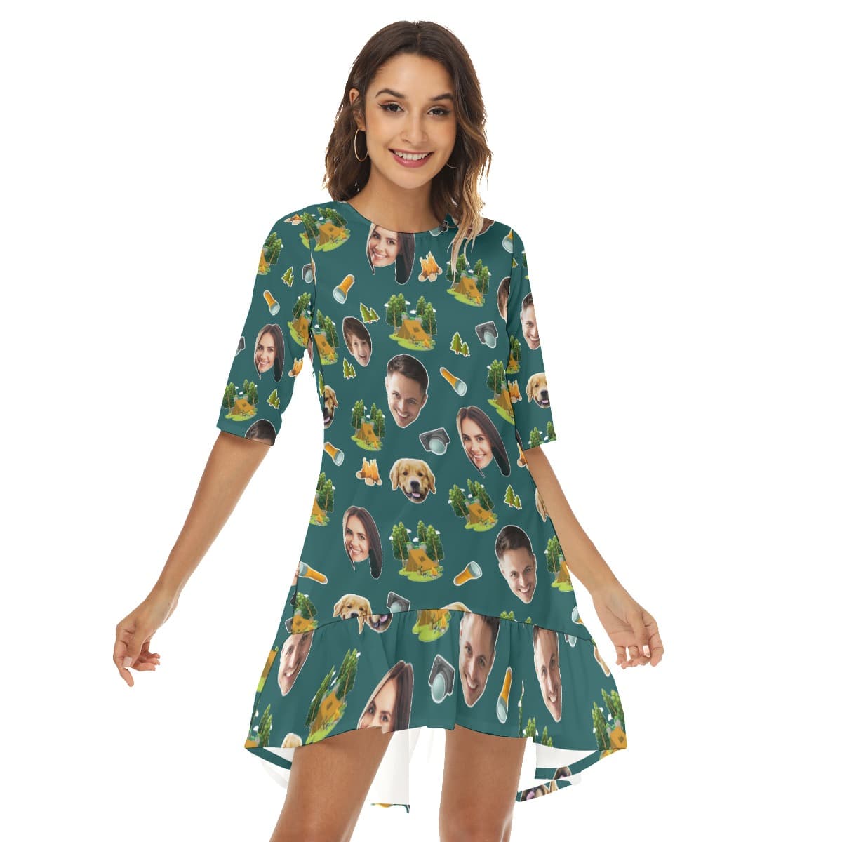 Funny Camping Custom Face Hawaiian Half Sleeve Dress With Ruffle Hem