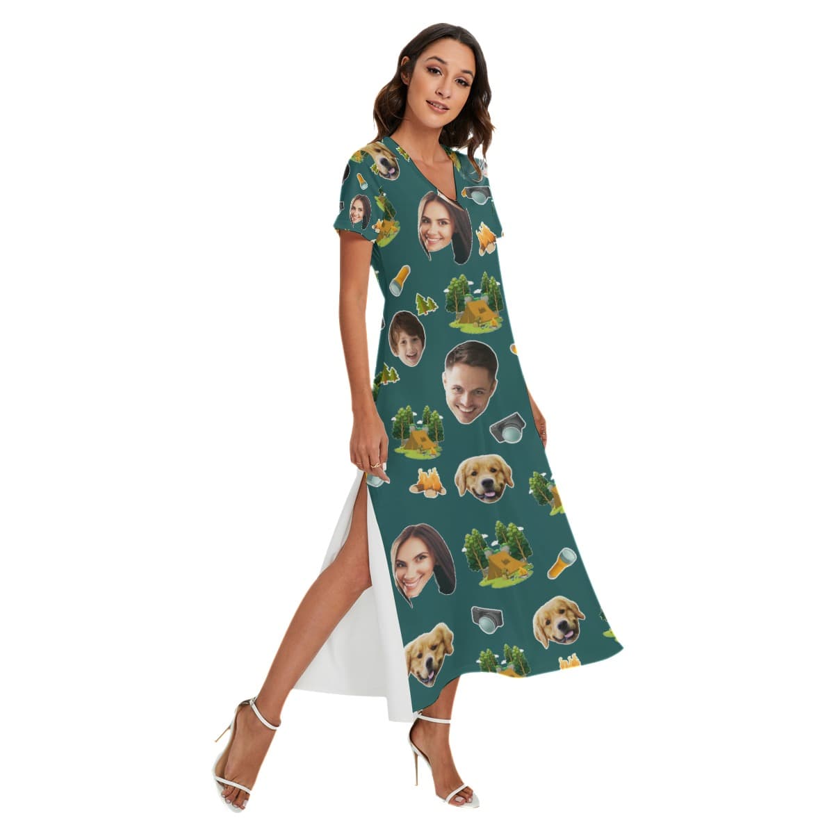 Funny Camping Custom Face Hawaiian V-neck Dress With Side Slit