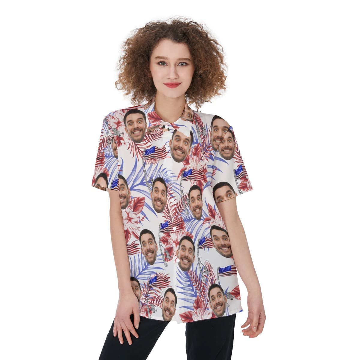 Funny Custom American Flag Women's Hawaiian Shirt With Face