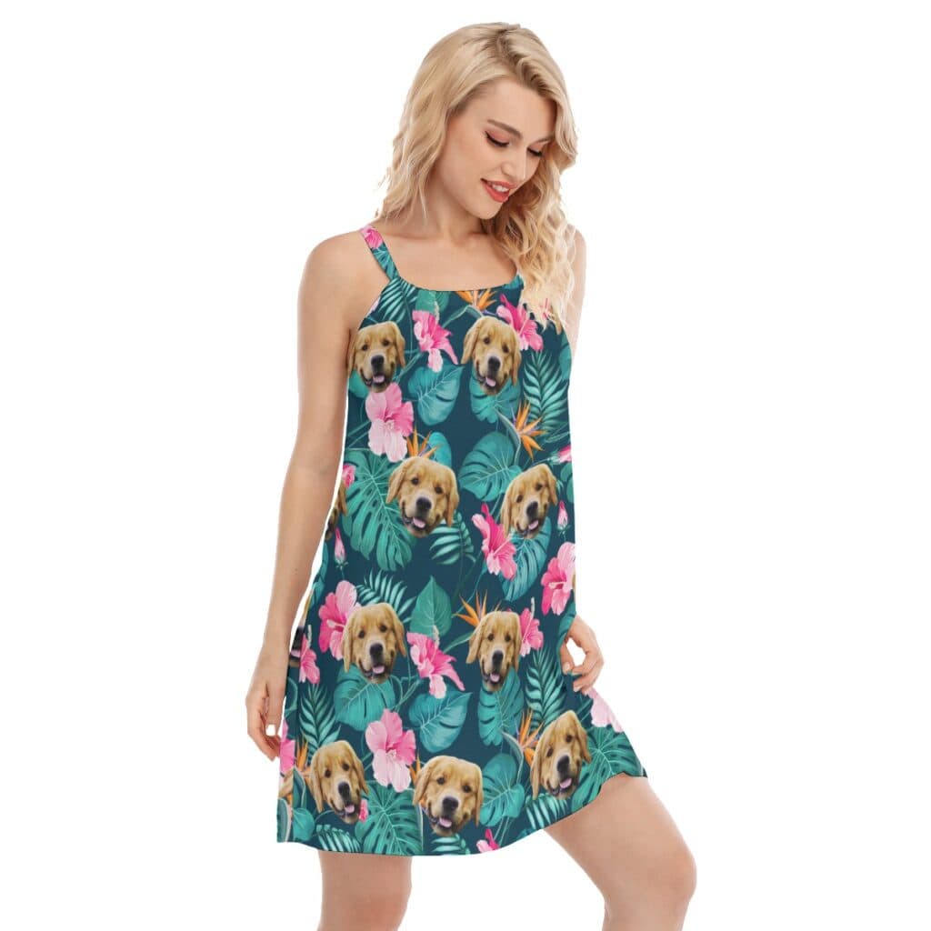 Funny Custom Dog Face Hibicus Hawaiian Dress For Girls