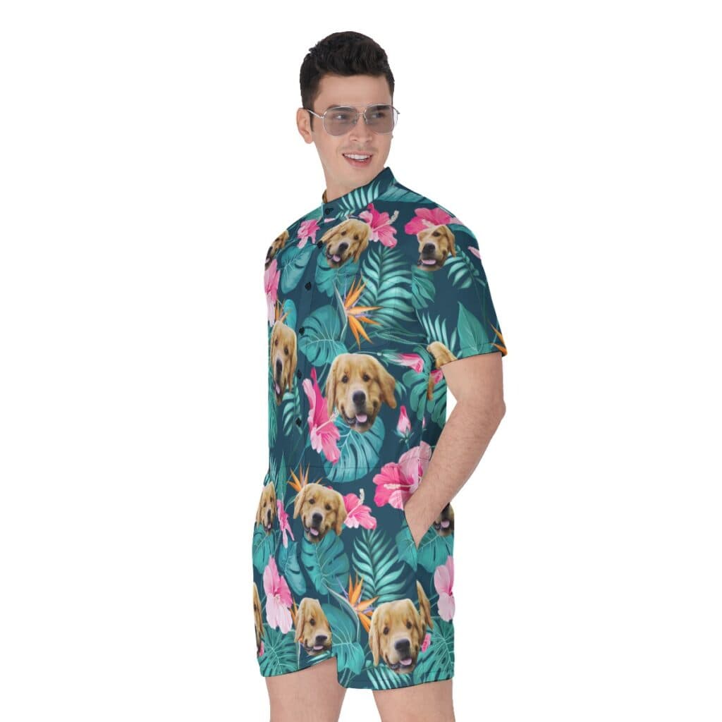 Funny Custom Dog Face Tropical Hibicus Hawaiian Romper