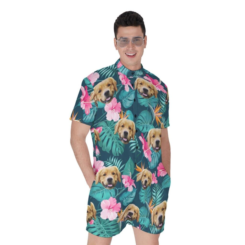 Funny Custom Dog Face Tropical Hibicus Hawaiian Romper