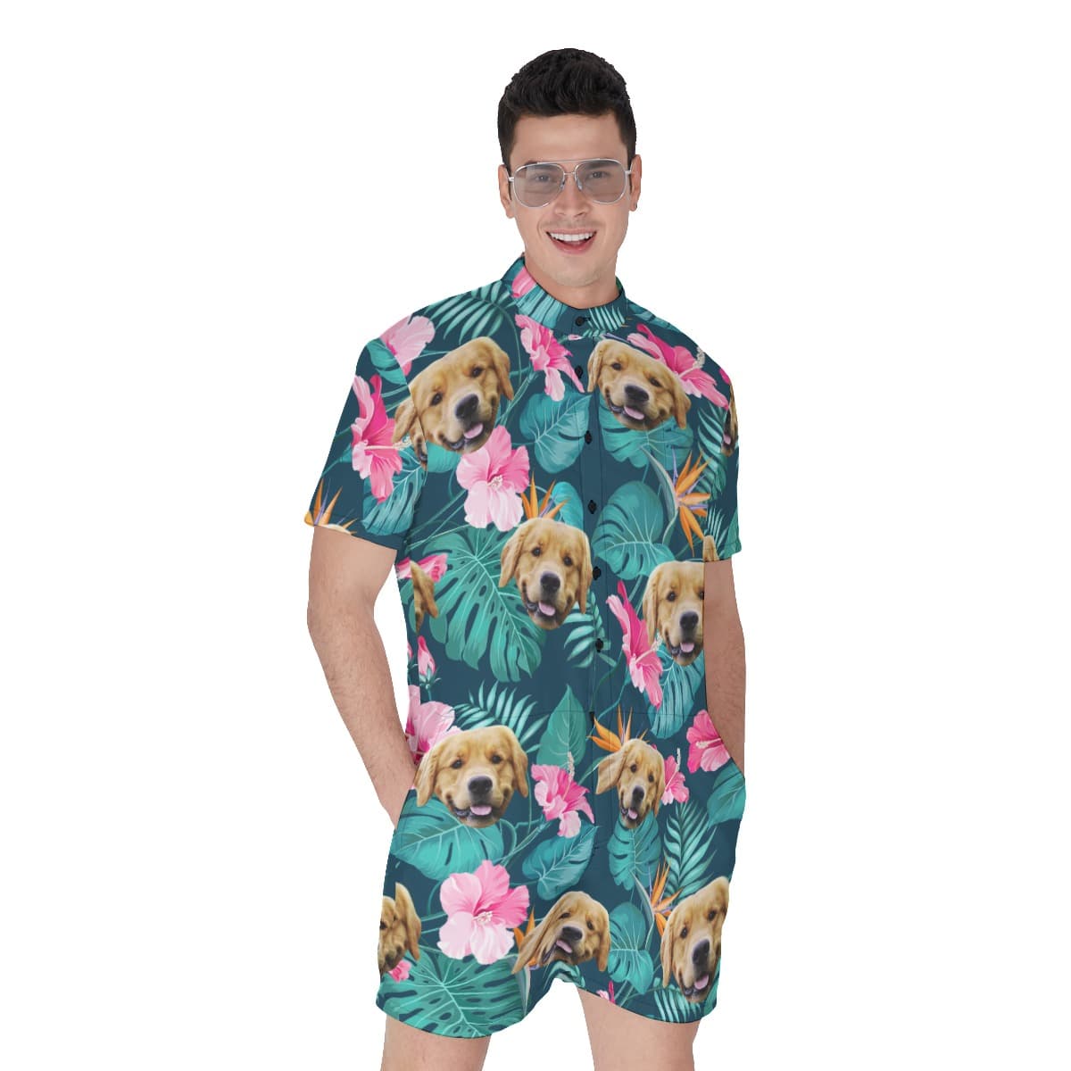 Funny Custom Dog Face Tropical Hibicus Hawaiian Romper