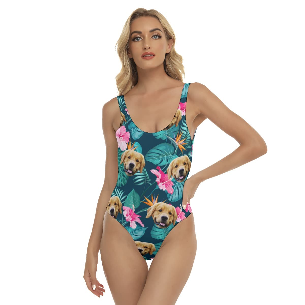 Funny Custom Dog Face Tropical Hibicus Hawaiian Swimsuit For Women (1)