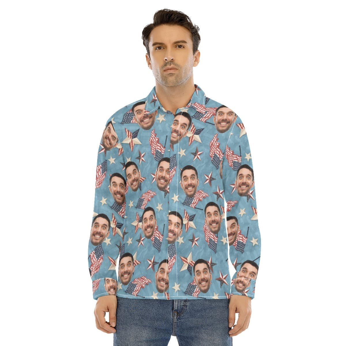 Funny Custom Face American Flag Hawaiian Long Sleeve Shirt For Men