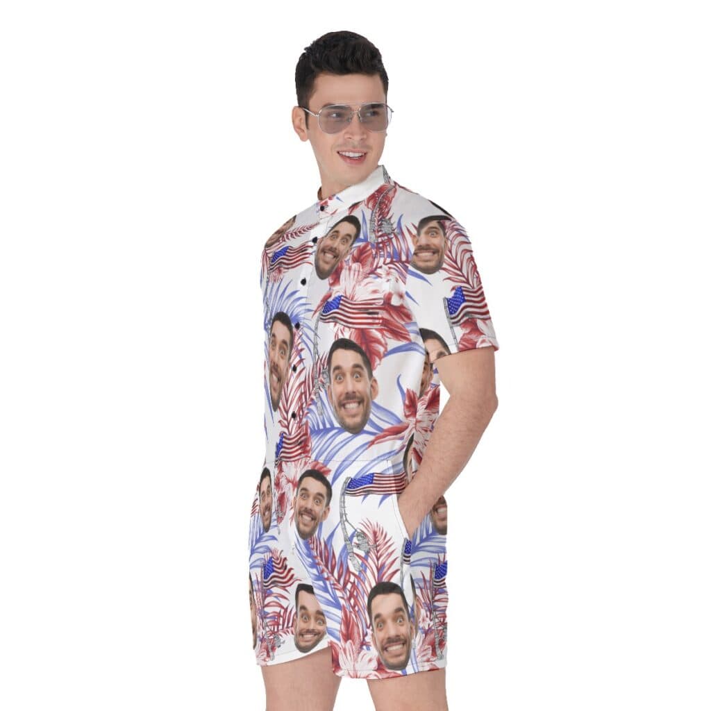 Funny Custom Face American Flag Hawaiian Romper For Men