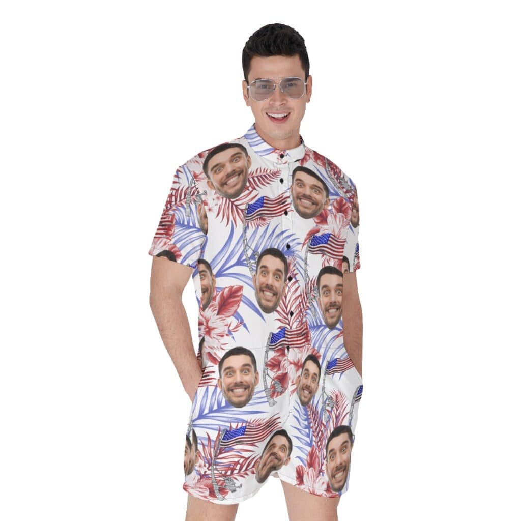 Funny Custom Face American Flag Hawaiian Romper For Men
