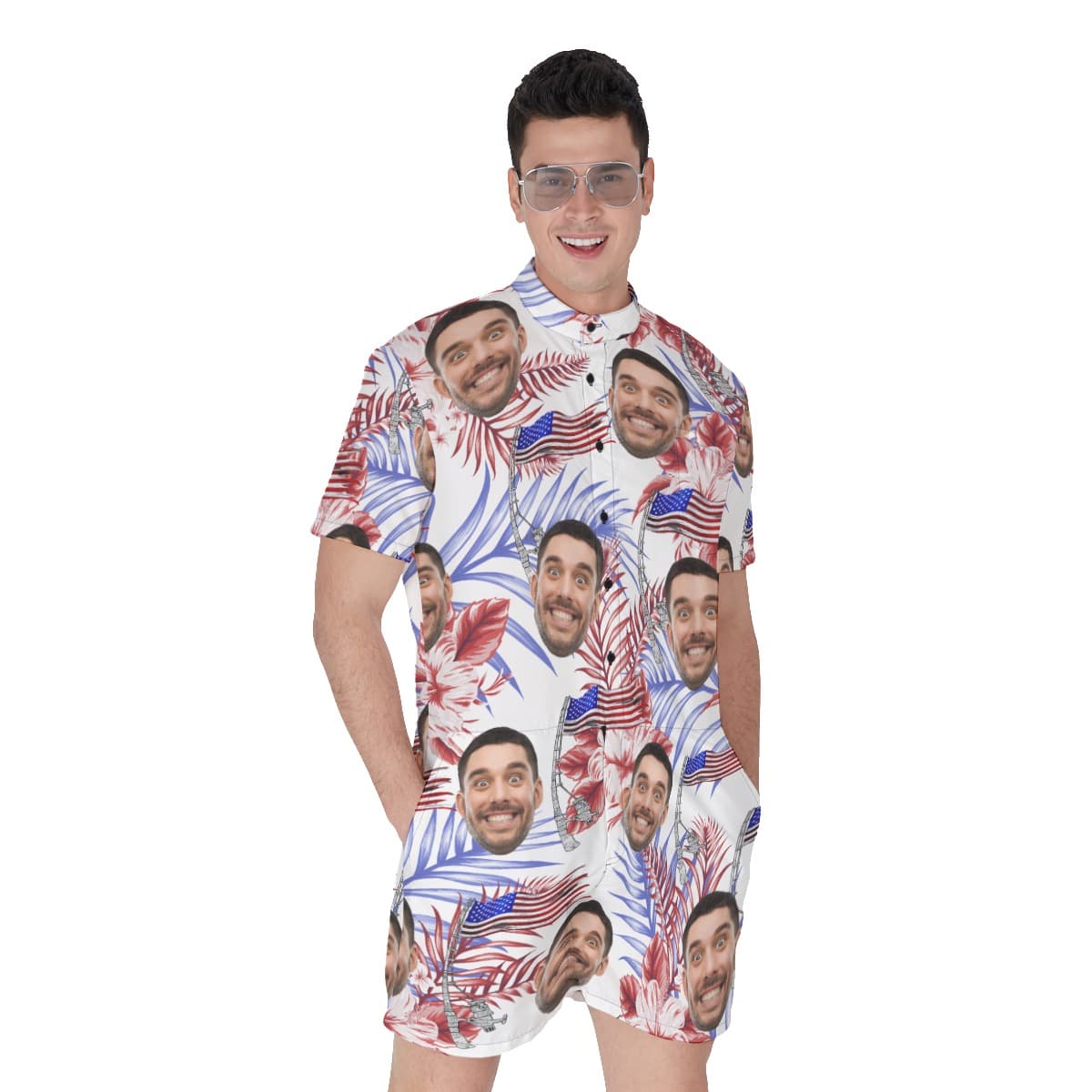 Funny Custom Face American Flag Hawaiian Romper For Men