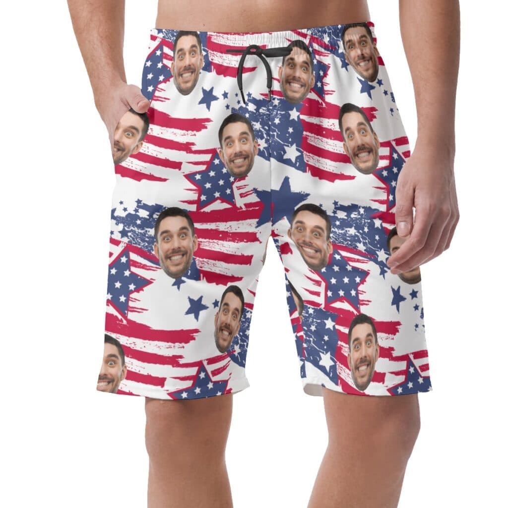 Funny Custom Face American Flag Hawaiian Summer Shorts For Men