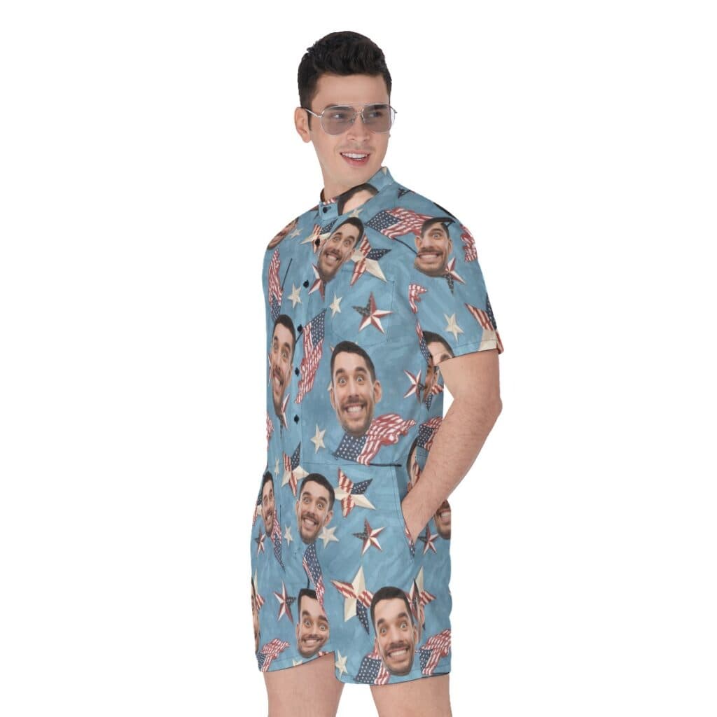 Funny Custom Face American Flag Men's Hawaiian Romper