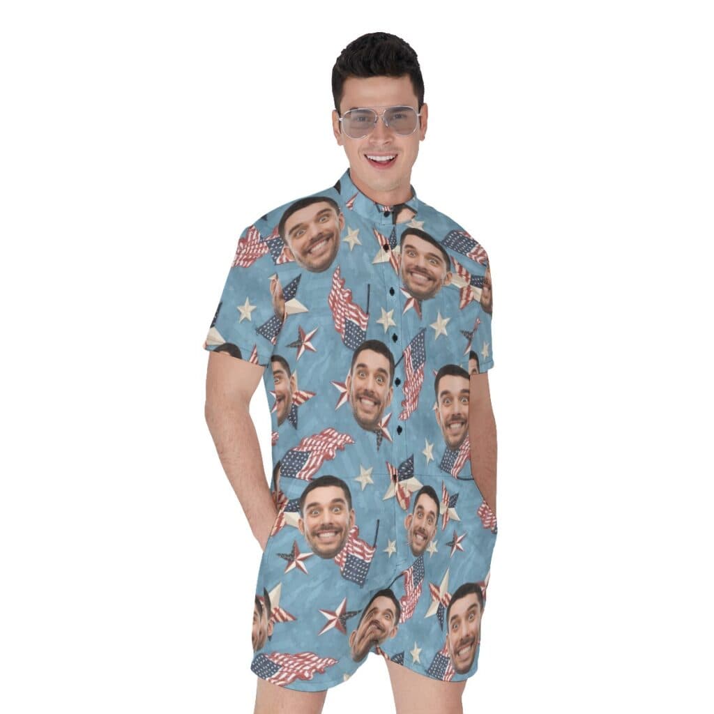 Funny Custom Face American Flag Men's Hawaiian Romper