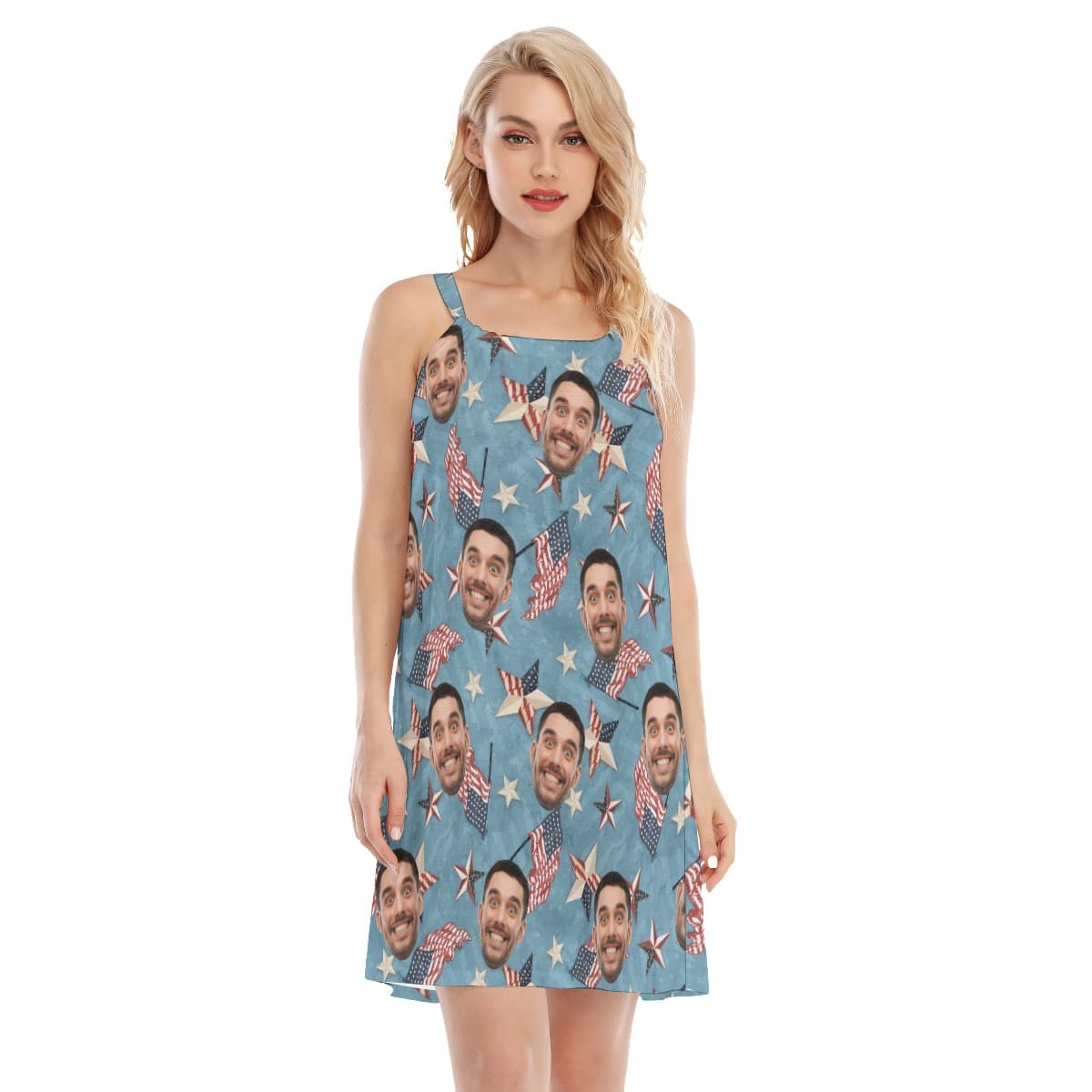 Funny Custom Face American Flag Women’s Hawaiian Cami Dress (4)