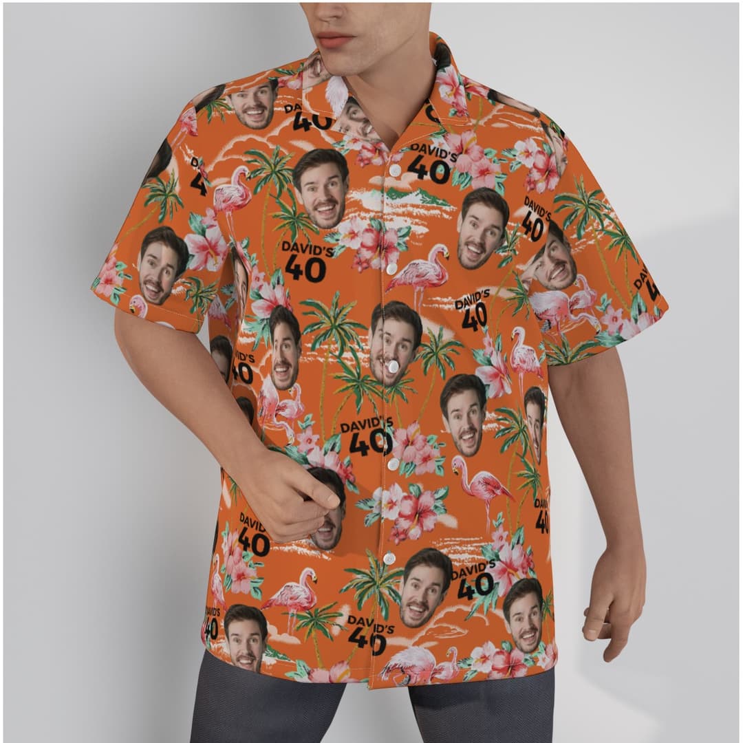Men's Hawaiian shirt with orange print, tropical leaves and hibiscus, pink flamingo pattern. You can customize many faces on the shirt with your name and age - celebrate birthday!