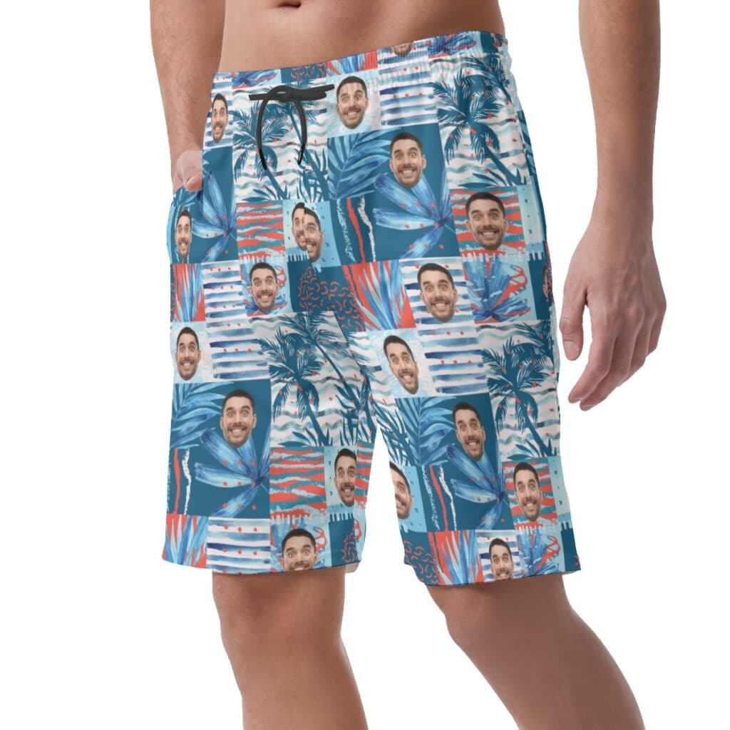 Funny Custom Face Blue Hawaiian Summer Shorts For Men