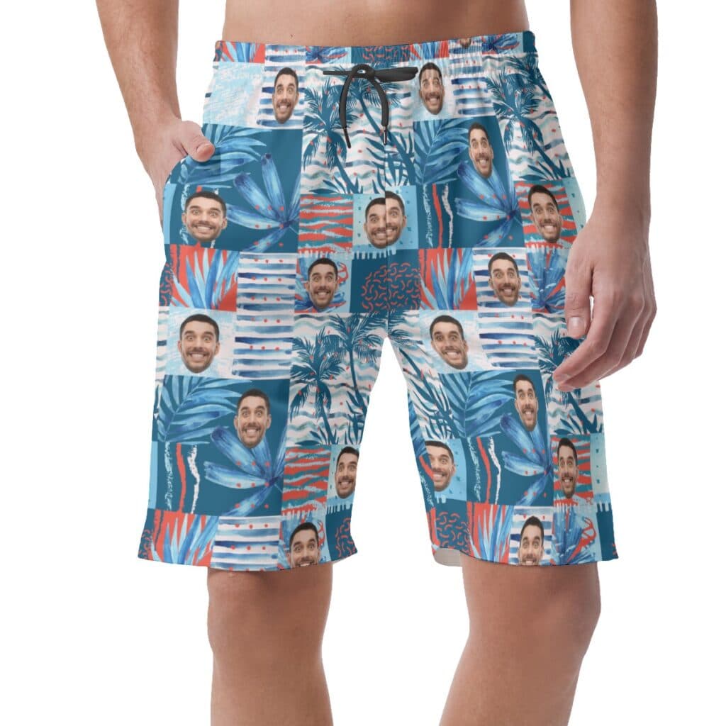 Funny Custom Face Blue Hawaiian Summer Shorts For Men
