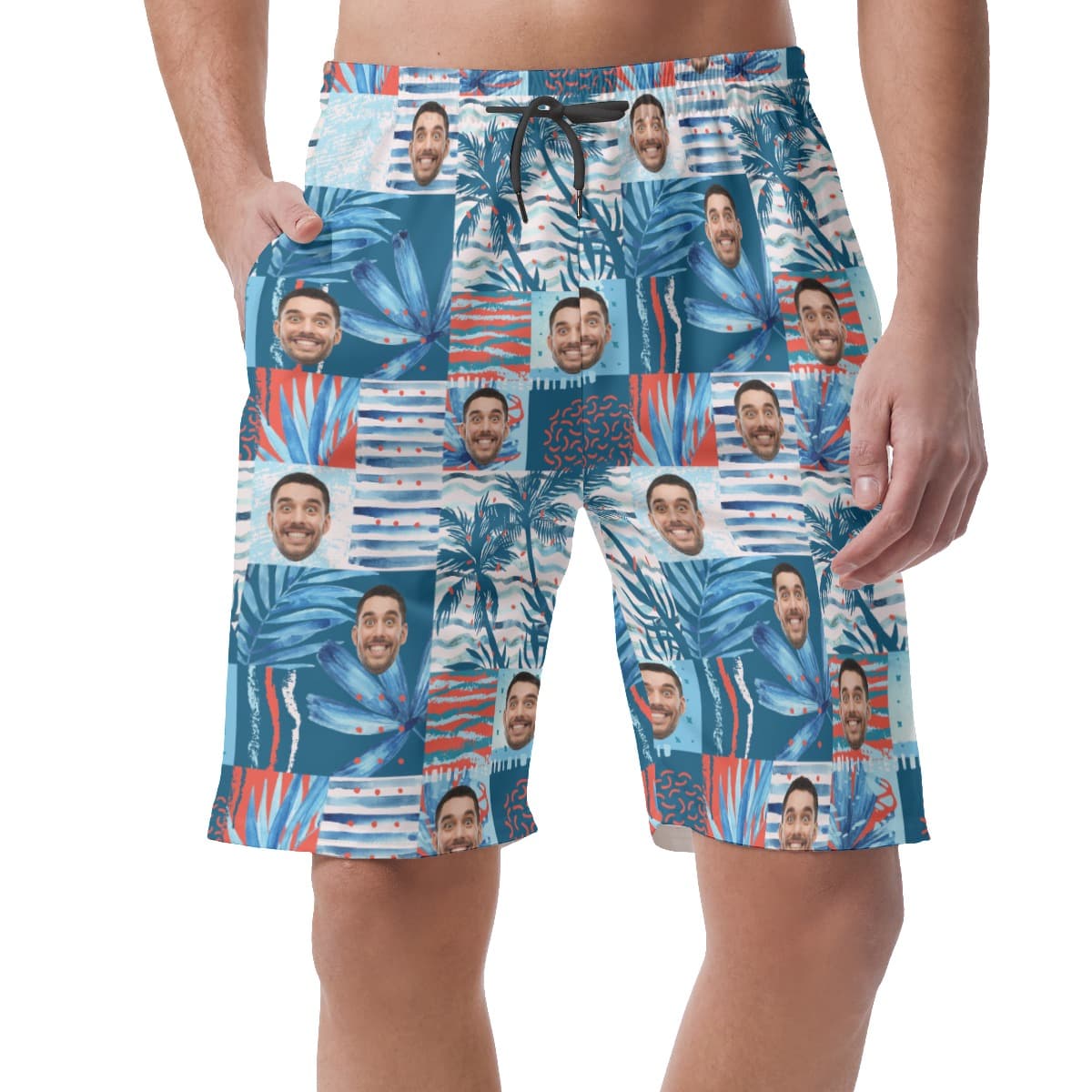 Funny Custom Face Blue Hawaiian Summer Shorts For Men