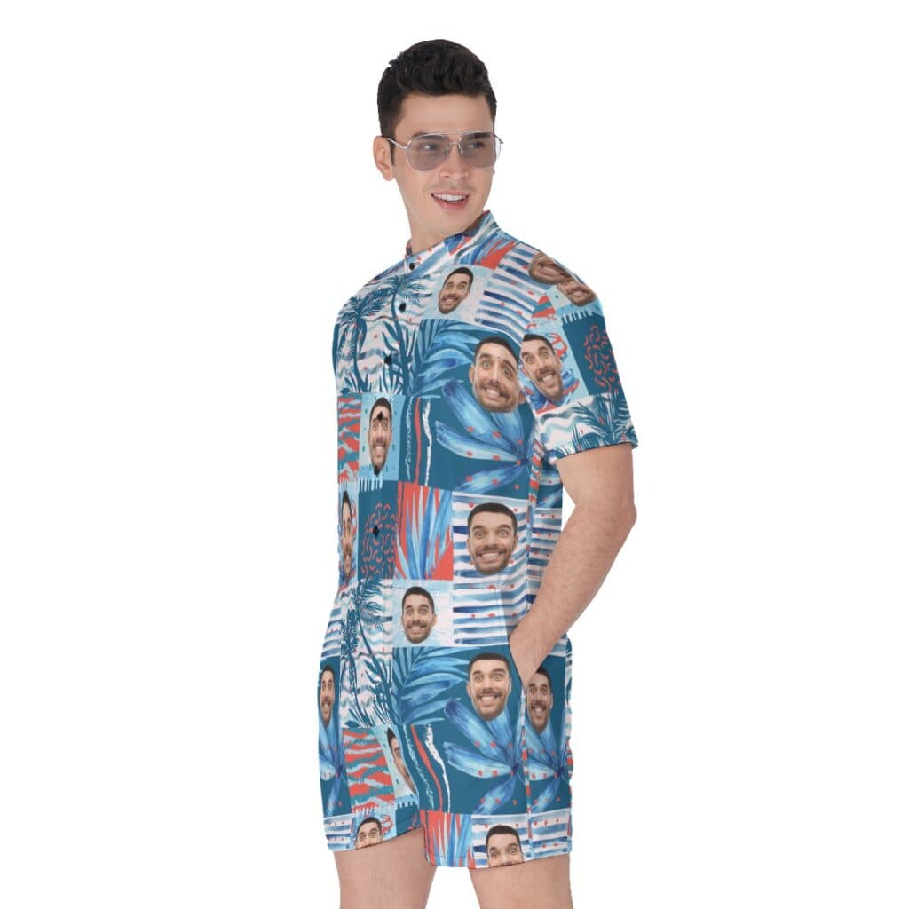 Funny Custom Face Blue Men's Hawaiian Romper