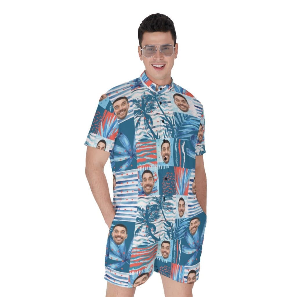 Funny Custom Face Blue Men's Hawaiian Romper