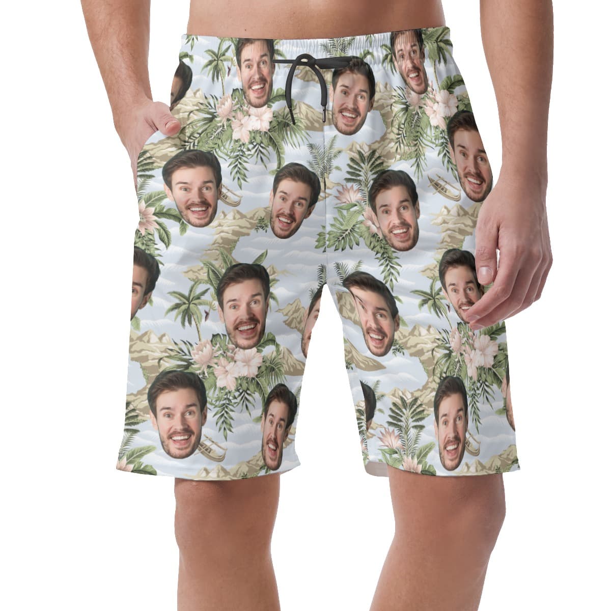 Funny Custom Face Botanical Island Hawaiian Beach Shorts For Men