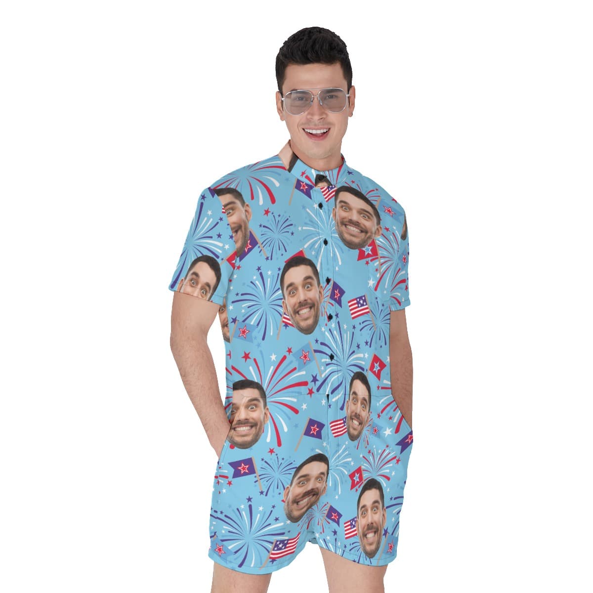 Funny Custom Face Firework Blue Men's Hawaiian Romper