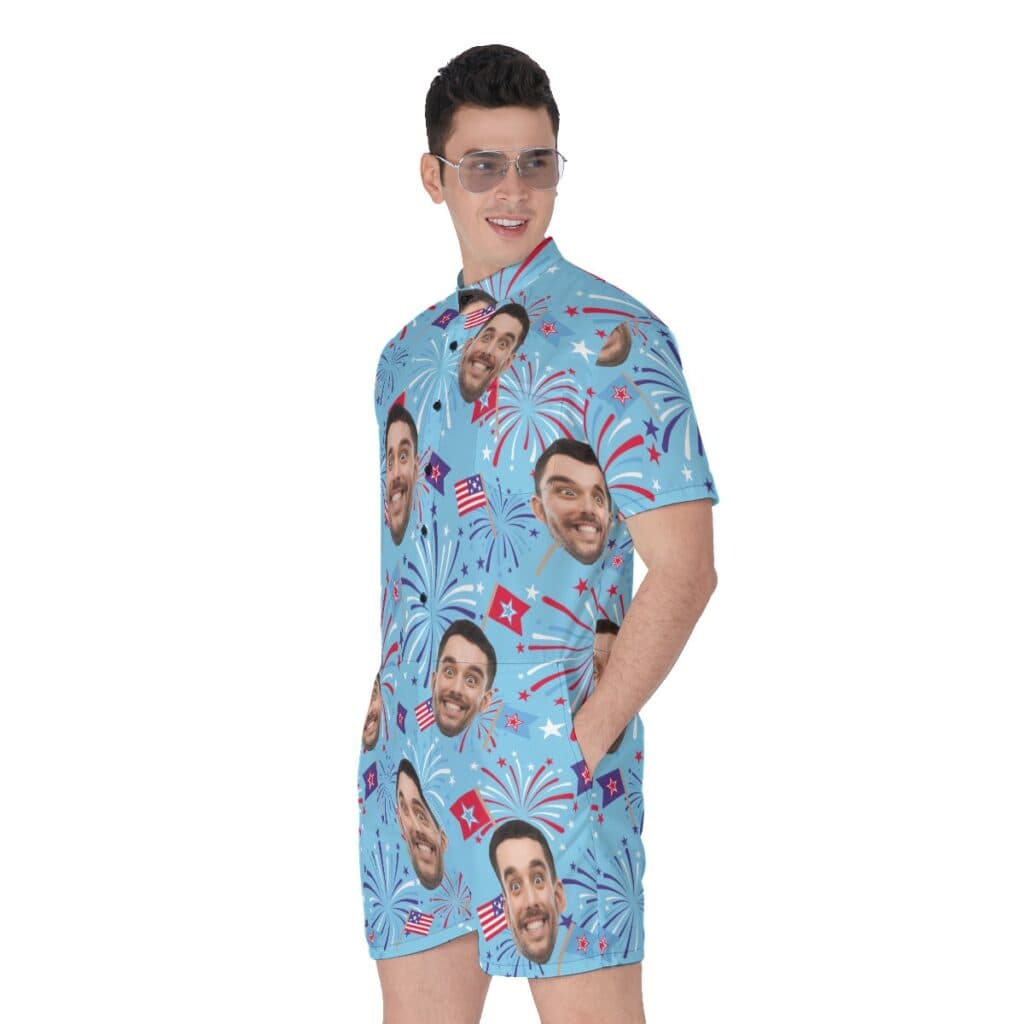 Funny Custom Face Firework Blue Men's Hawaiian Romper