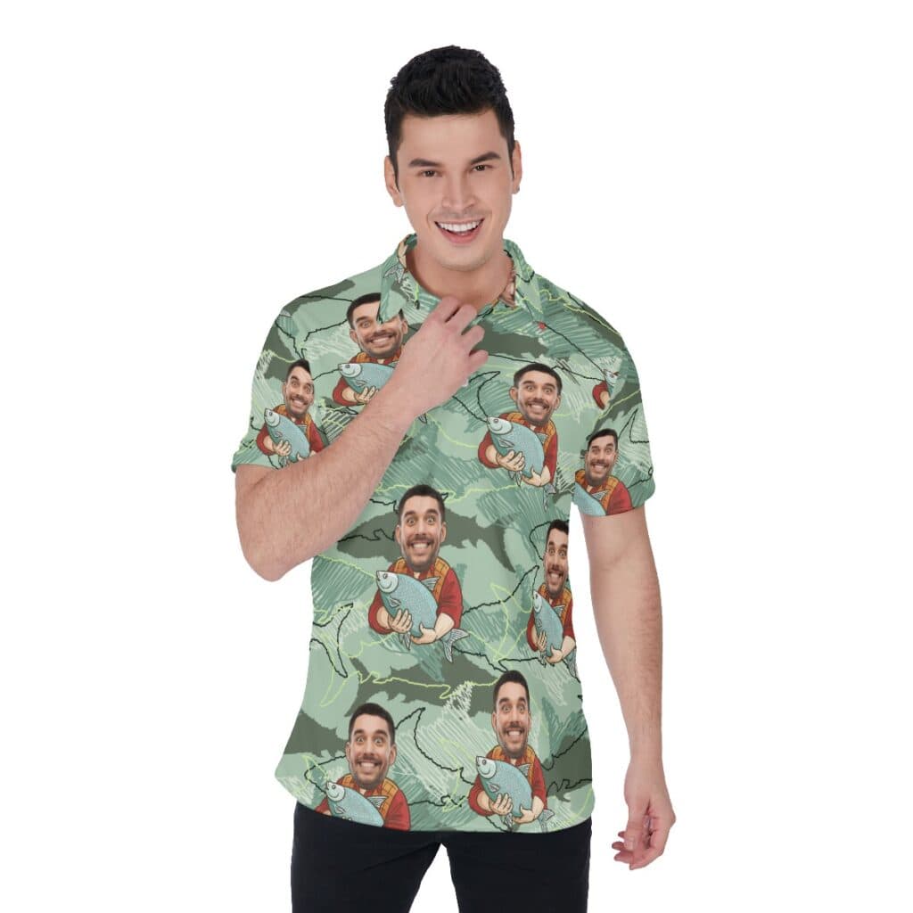 Funny Custom Face Fishing Man Hawaiian Polo Shirt