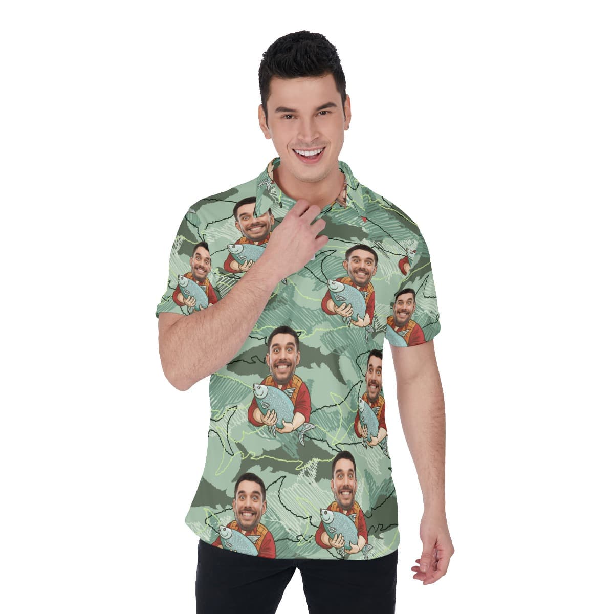 Funny Custom Face Fishing Man Hawaiian Polo Shirt