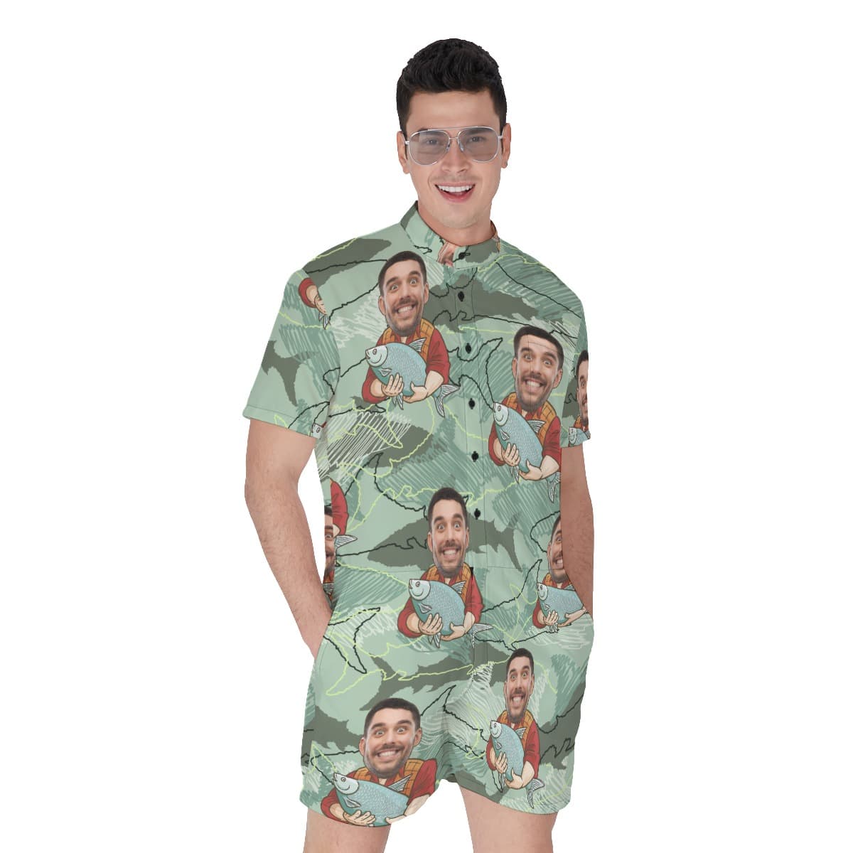 Funny Custom Face Fishing Men Hawaiian Romper