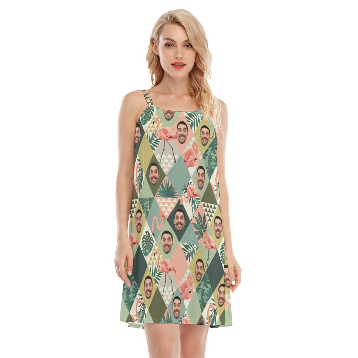 Funny Custom Face Flamingo Green Aloha Cami Dress For Summer (4)