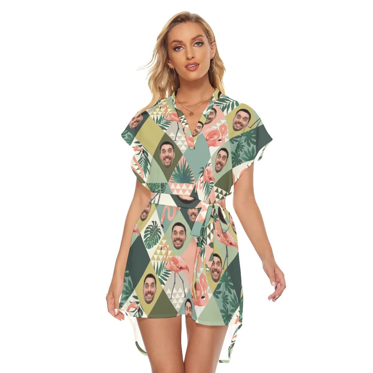 Funny Custom Face Flamingo Green Hawaiian Dress With Belt For Women (4)