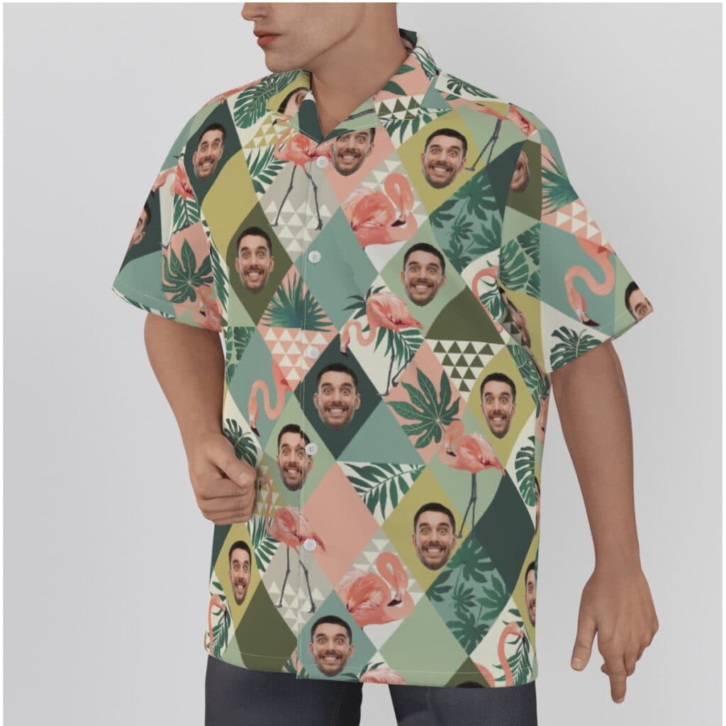 Funny Custom Face Flamingo Green Hawaiian Shirt