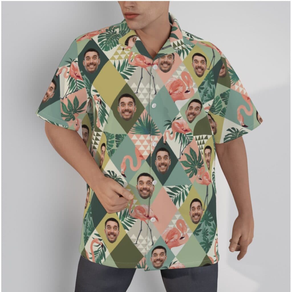 Funny Custom Face Flamingo Green Hawaiian Shirt